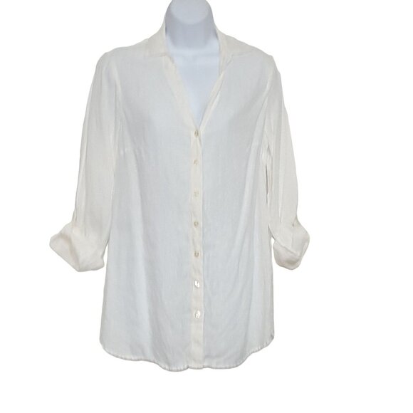 Coldwater Creek Linen Blouse Womens S Long Roll Tab Sleeve V Neck White Button - Picture 1 of 8